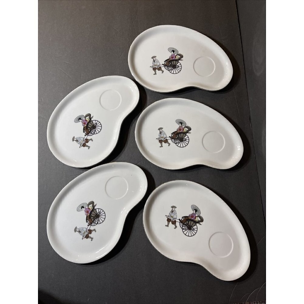 Vintage ARITA Japan Rickshaw Tea Snack Plates Rikisha Parasol Mid Century Modern
